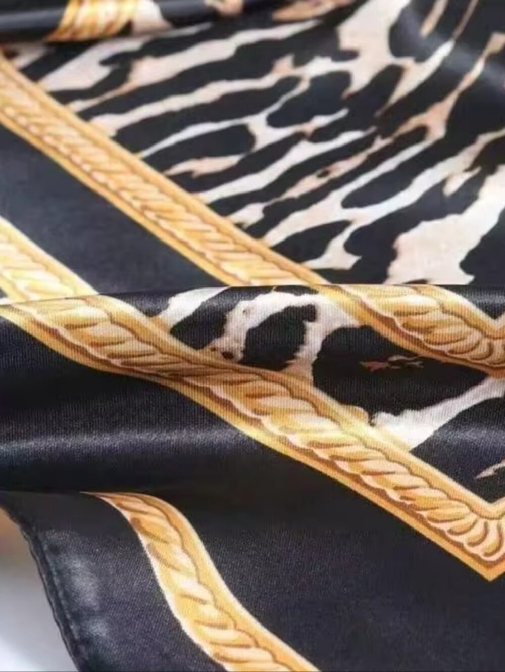 Designer-Inspired Leopard Print Silk Scarf with Gold Trim - Black/White (NWOT) - Picture 4 of 7